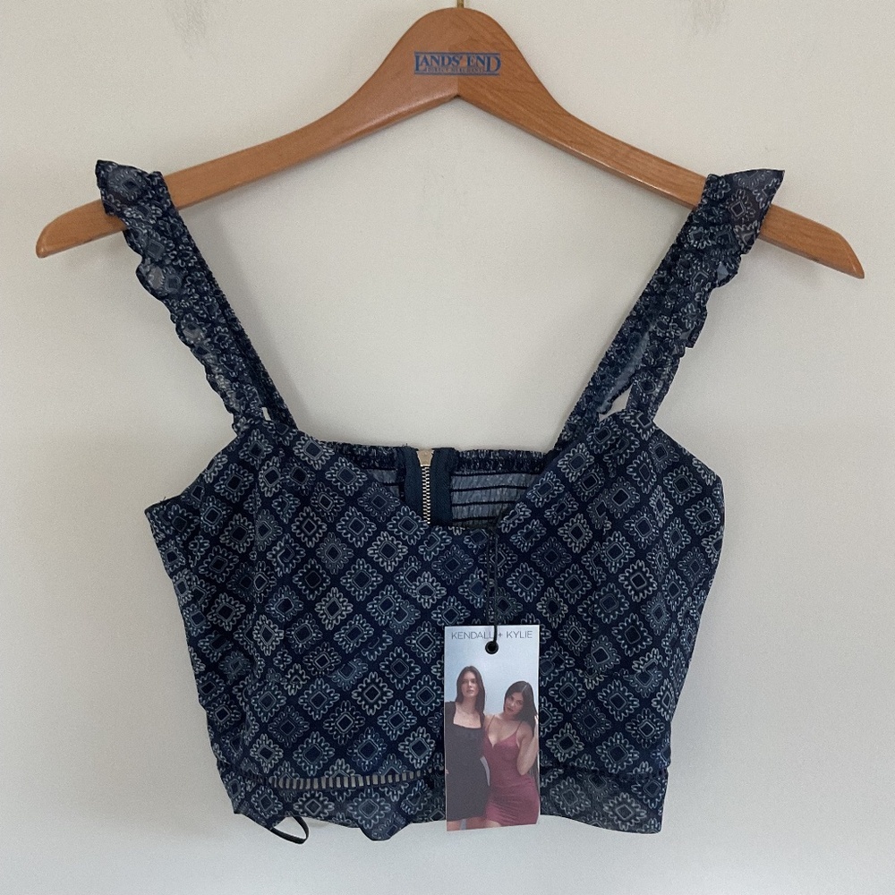 NWT Kendall + Kylie Ruffle Cropped Tank Top Sz S Blue Denim Diamond Zip Back